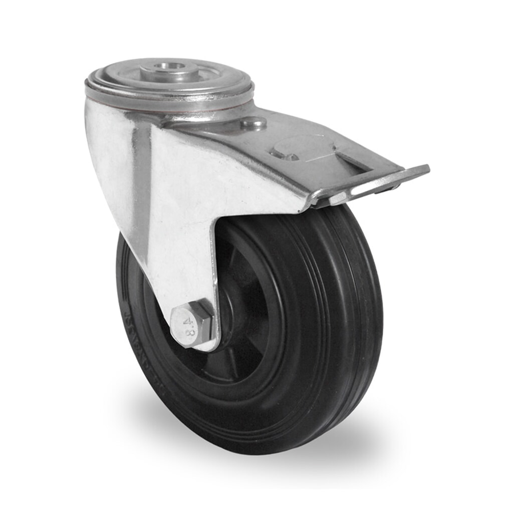 Rückenlochlenkrolle mit Totalfeststeller ø 80 mm Serie P4S4 Rollenlager Produktabbildung: Rückenlochlenkrolle mit Totalfeststeller ø 80 mm Serie P4S4 Rollenlager