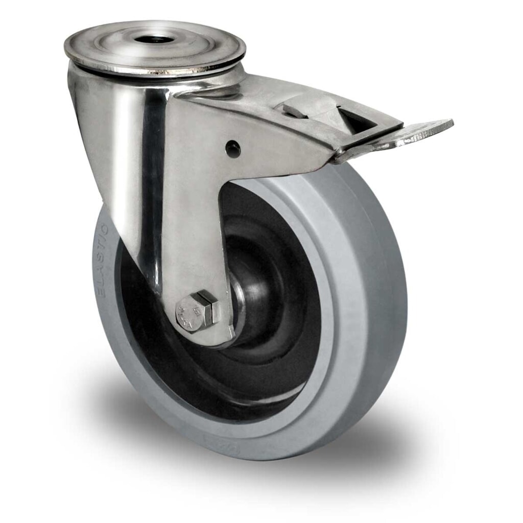 Rückenlochlenkrolle mit Totalfeststeller ø 100 mm Serie R4E2 Rollenlager Edelstahl Produktabbildung: Rückenlochlenkrolle mit Totalfeststeller ø 100 mm Serie R4E2 Rollenlager Edelstahl