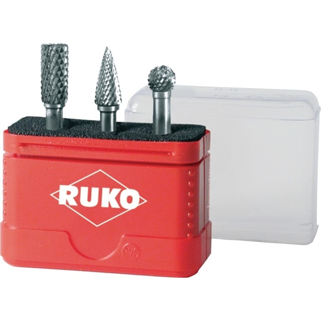 RUKO Frässtiftsatz, Schaft-Durchmesser 6 mm 3 teilig, HM Verzahnung ZYA-ST/SPG/KUD Produktabbildung: RUKO Frässtiftsatz, Schaft-Durchmesser 6 mm 3 teilig, HM Verzahnung ZYA-ST/SPG/KUD