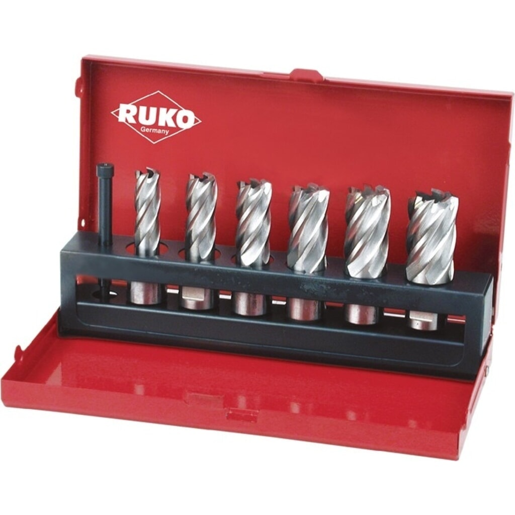 Produktabbildung: RUKO Kernbohrersatz, HSS, 7 teilig Ø 12 - 14 - 16 - 18 - 20 - 22 m, Schnitttiefe 30 mm Weldonschaft