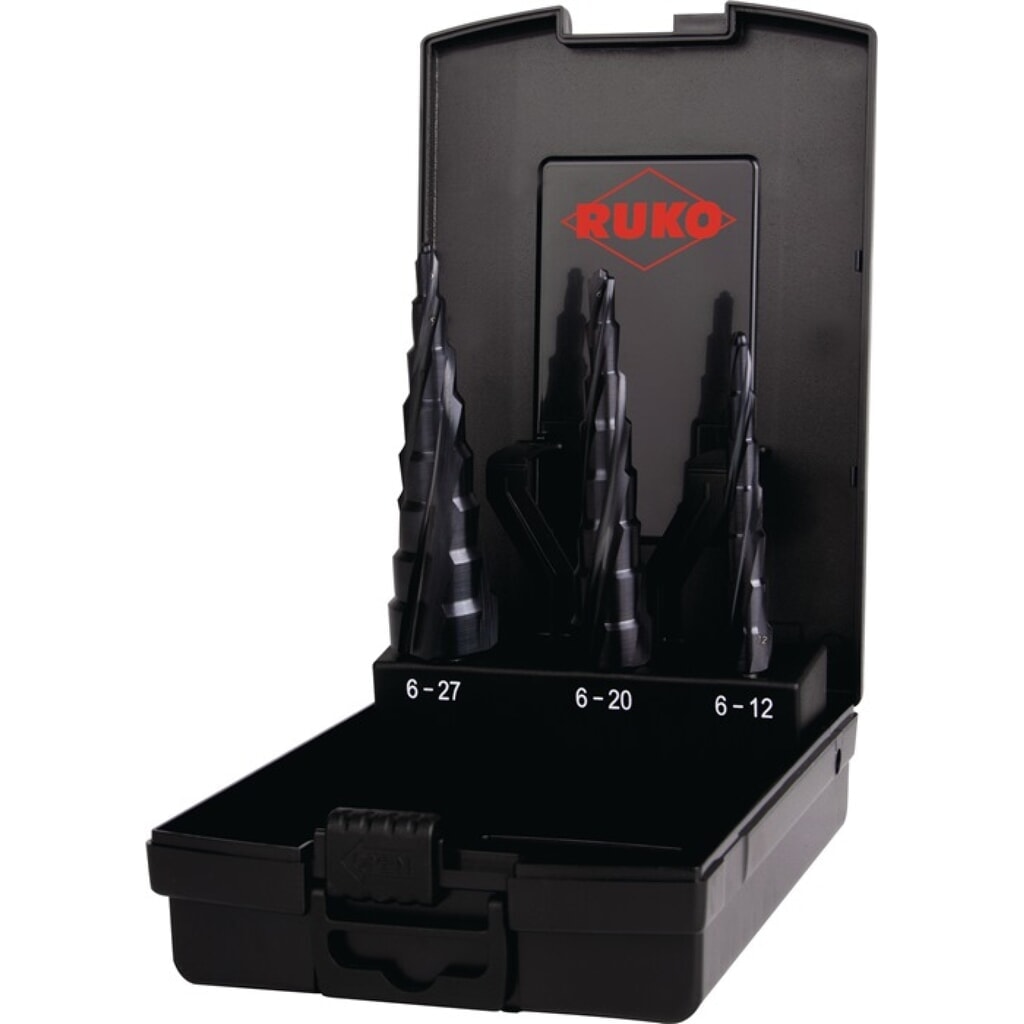 RUKO Stufenbohrersatz ULTIMATECUT D.6-12/6-20/6-27mm HSS Spiralnut 3tlg.Ku.-Kass Produktabbildung Nr. 1: RUKO Stufenbohrersatz ULTIMATECUT D.6-12/6-20/6-27mm HSS Spiralnut 3tlg.Ku.-Kass