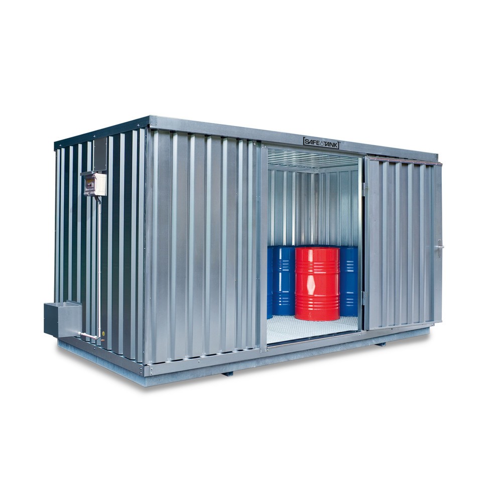 Produktabbildung: SAFE Tank Gefahrstoffcontainer 1000 ALG, Außenaufstellung, verzinkt, montiert, Maße außen 3350x2170x2350 mm, Einzelflügeltür, mittig in 2 m Seite, Lagerfläche 6 m²