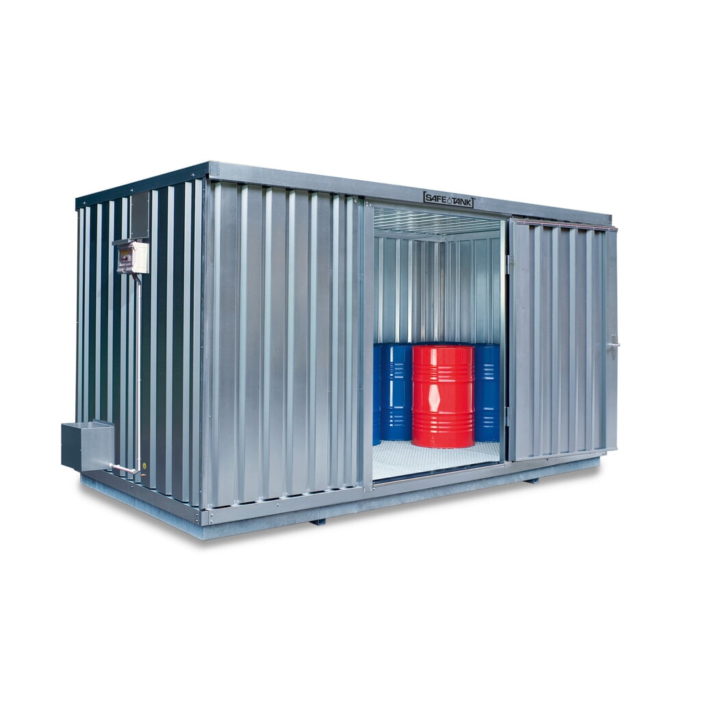 Produktabbildung: SAFE Tank Gefahrstoffcontainer 1350 ALG, Außenaufstellung, verzinkt, montiert, Maße außen 4350x2170x2300 mm, Doppelflügeltür (asymmetrische Teilung), mittig in Breistseite, Lagerfläche 8 m²
