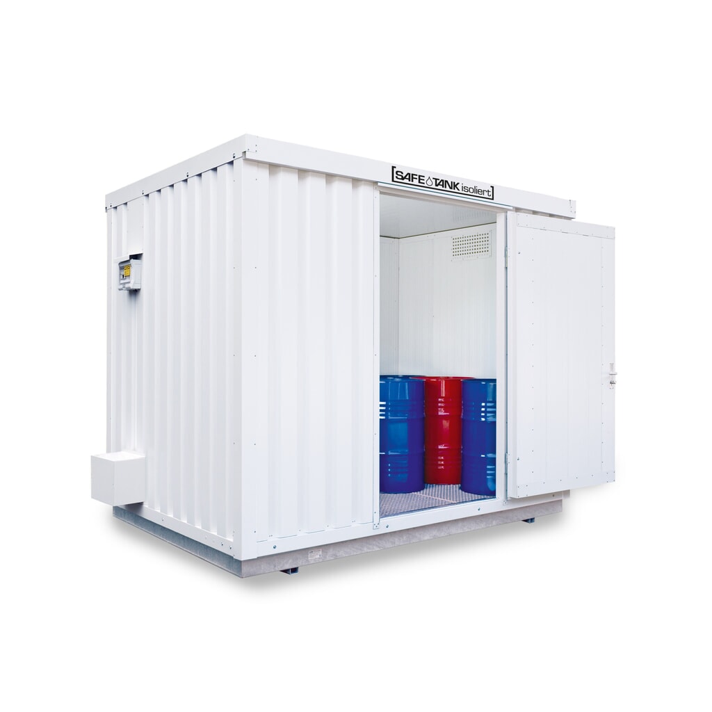 Produktabbildung: SAFE Tank Gefahrstoffcontainer 1000 ALG, isoliert Außenaufstellung, komplett montiert, kunststoffbeschichtet RAL 9002, Maße außen 3350x2170x2560 mm, Einzelflügeltür, mittig in Breitseite, Lagerfläche 5 m²