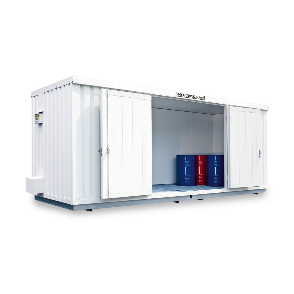 Produktabbildung: SAFE Tank Gefahrstoffcontainer 1700 ALG, isoliert Außenaufstellung, komplett montiert, kunststoffbeschichtet RAL 9002, Maße außen 5380x2170x2520 mm, Doppelflügeltür (asymmetrische Teilung), mittig in Breitseite, Zusatztür, Lagerfläche 9 m²