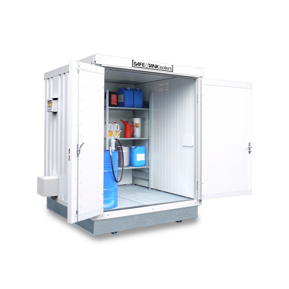 Produktabbildung: SAFE Tank Gefahrstoffcontainer 400 KTC ALG, isoliert, Außenaufstellung, montiert, kunststoffbeschichtet RAL 9002, Maße außen 2400x2170x2650 mm, Doppelflügeltür (asymmetrische Teilung), mittig in Stirnseite, Lagerfläche 4 m²