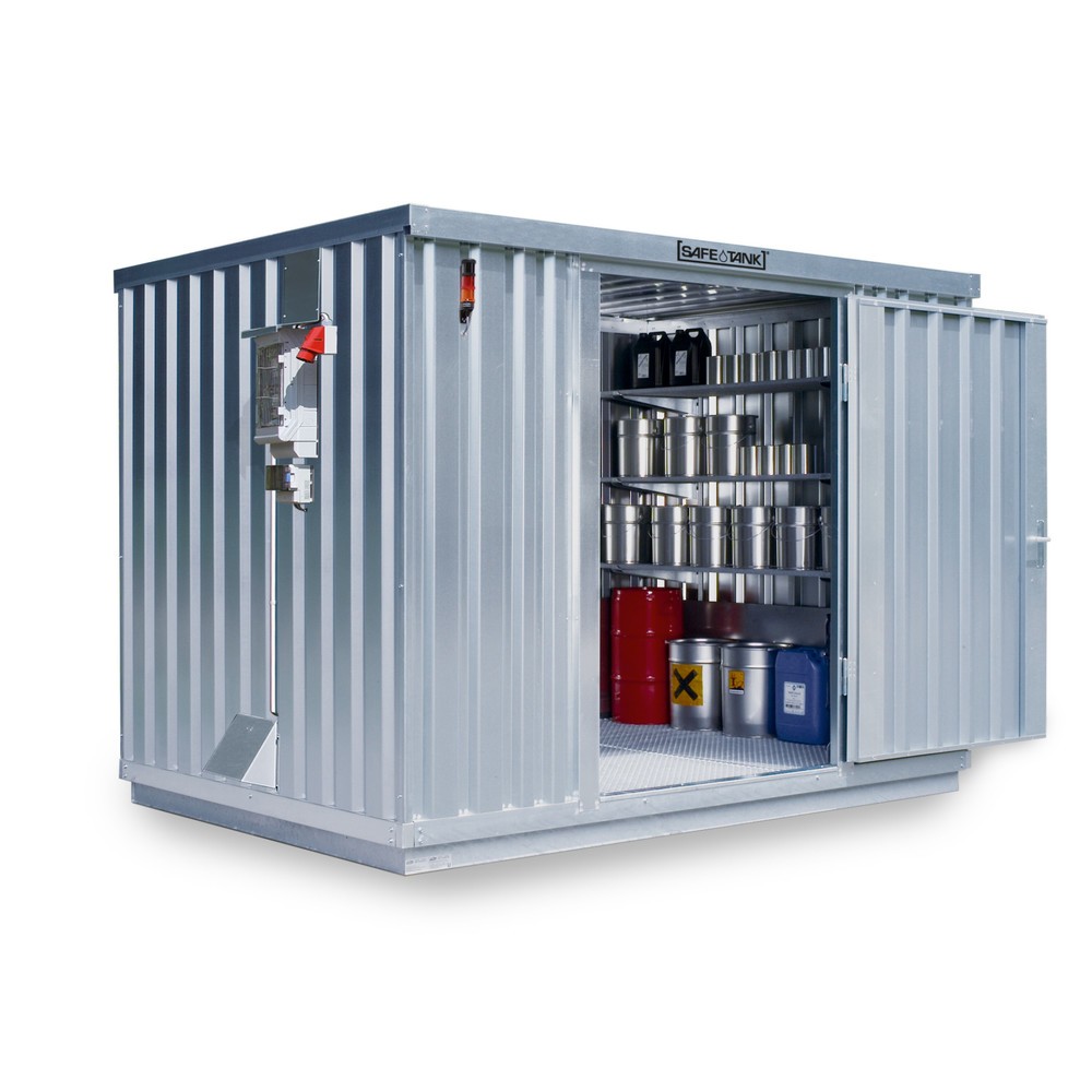 Produktabbildung: SAFE Tank Gefahrstoffcontainer 1000 CONTROL, automatisierte Explosionsschutzeinrichtung  für höchste Energieeffizienz u. Sicherheit, Maße außen 3350x2170x2310 mm, Doppelflügeltür (asymmetrische Teilung), mittig in der kurzen Seite, Lagerfläche 6