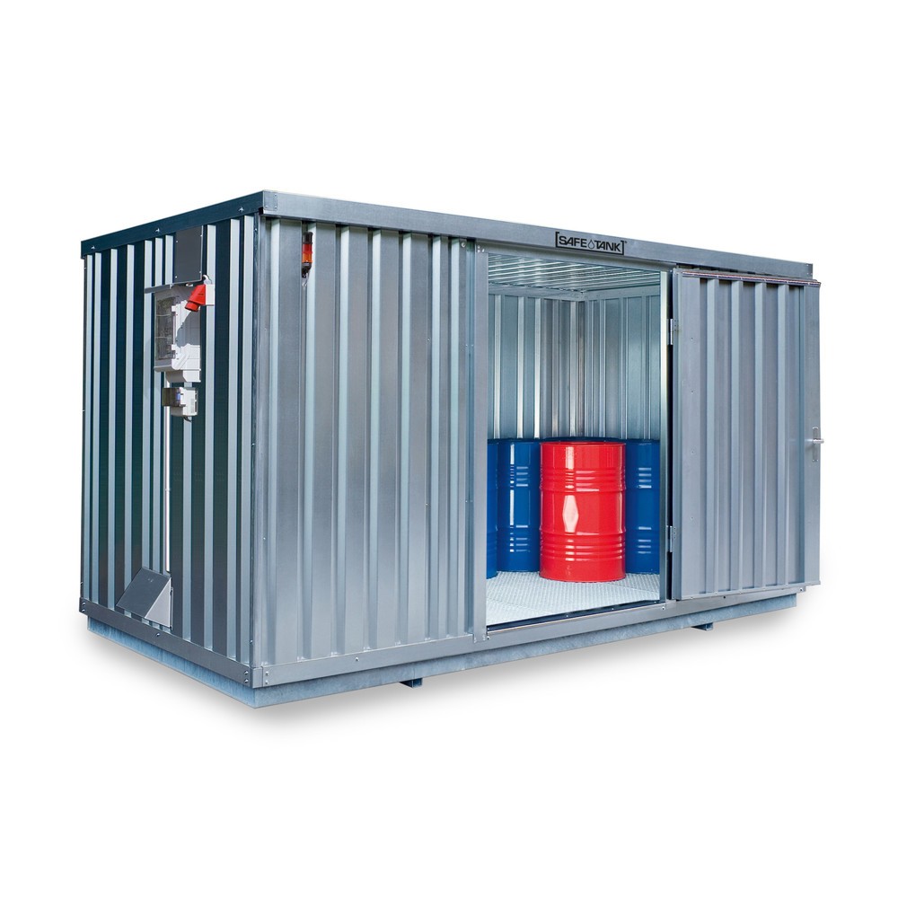 Produktabbildung: SAFE Tank Gefahrstoffcontainer 1350 CONTROL, automatisierte Explosionsschutzeinrichtung  für höchste Energieeffizienz u. Sicherheit, Maße außen 4350x2170x2300 mm, Doppelflügeltür (asymmetrische Teilung), mittig in der kurzen Seite, Lagerfläche 8