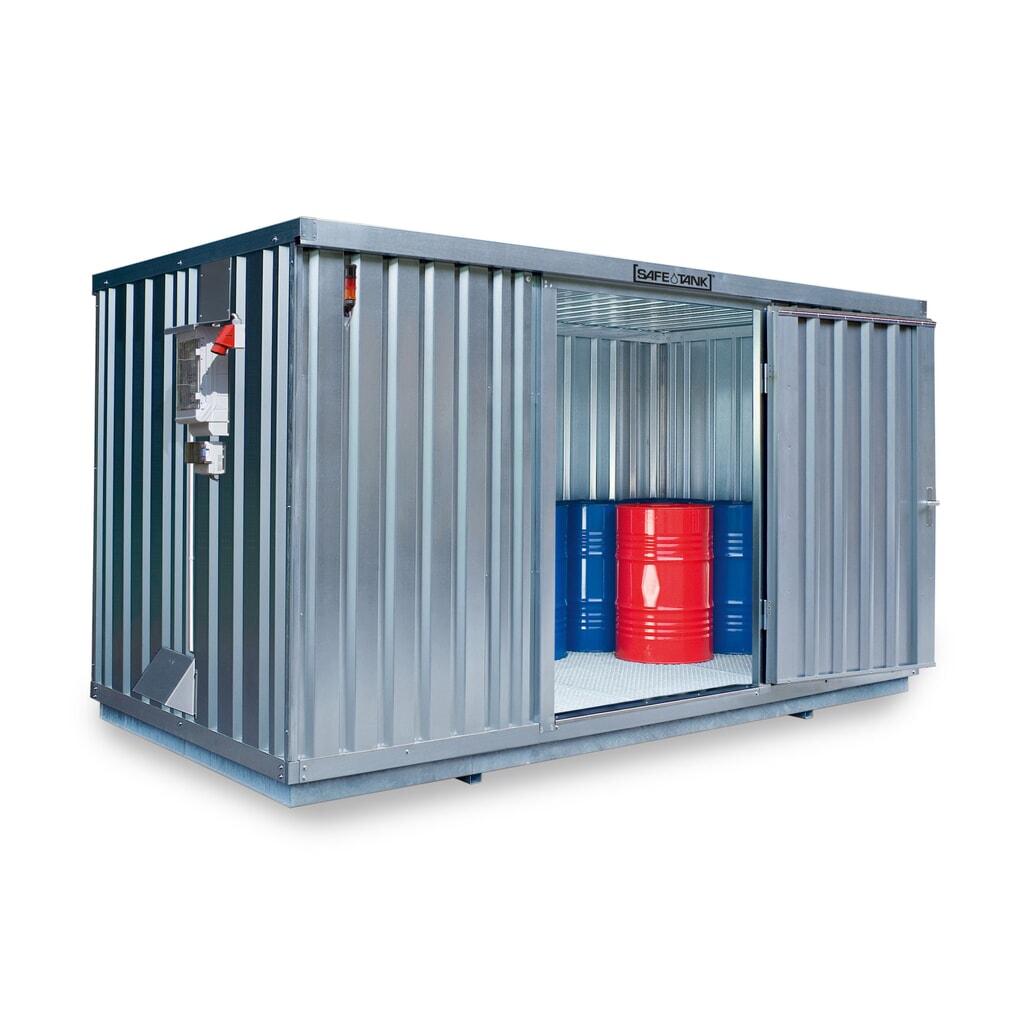 Produktabbildung: SAFE Tank Gefahrstoffcontainer 1350 CONTROL, automatisierte Explosionsschutzeinrichtung  für höchste Energieeffizienz u. Sicherheit, Maße außen 4350x2170x2300 mm, Doppelflügeltür (asymmetrische Teilung), mittig in der kurzen Seite, Lagerfläche 8