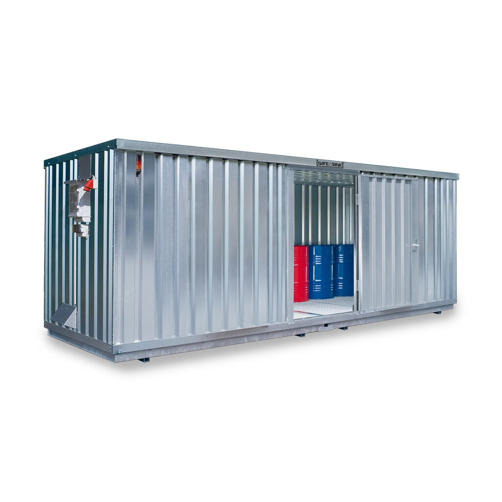 Produktabbildung: SAFE Tank Gefahrstoffcontainer 1900 CONTROL, automatisierte Explosionsschutzeinrichtung  für höchste Energieeffizienz u. Sicherheit, Maße außen 6380x2170x2310 mm, Doppelflügeltür (asymmetrische Teilung), mittig in der kurzen Seite, Lagerfläche 12