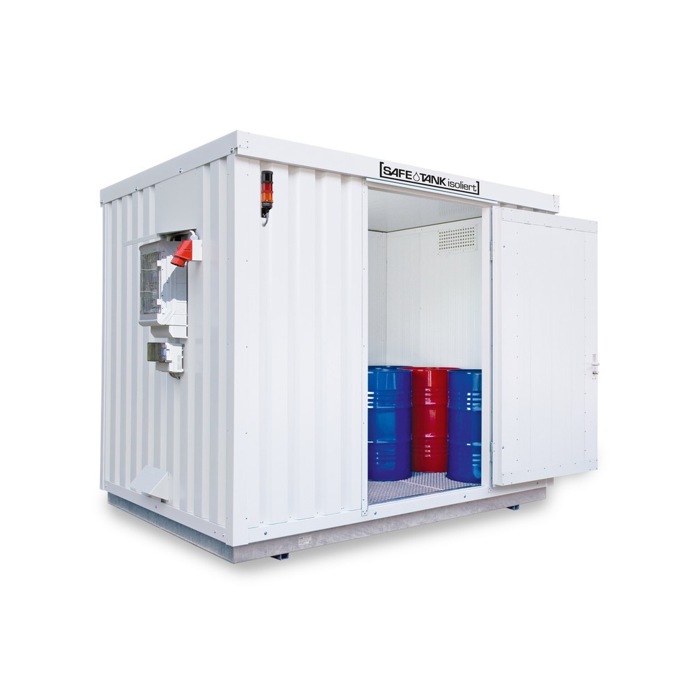 Produktabbildung: SAFE Tank Gefahrstoffcontainer 1350 CONTROL isoliert, automatisierte Explosionsschutzeinrichtung für höchste Energieeffizienz u. Sicherheit, Maße außen 4350x2170x2510 mm, Doppelflügeltür (asymmetrische Teilung), mittig in Breitseite, Zusatztür,