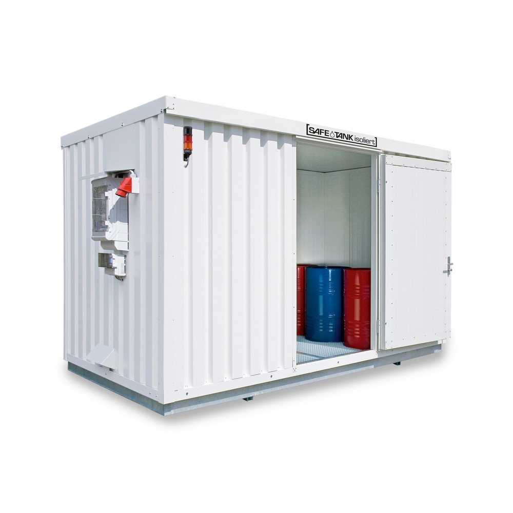 Produktabbildung: SAFE Tank Gefahrstoffcontainer 1350 CONTROL isoliert, automatisierte Explosionsschutzeinrichtung für höchste Energieeffizienz u. Sicherheit, Maße außen 4350x2170x2510 mm, Einzelflügeltür, mittig in 2 m Seite, Lagerfläche 7 m²