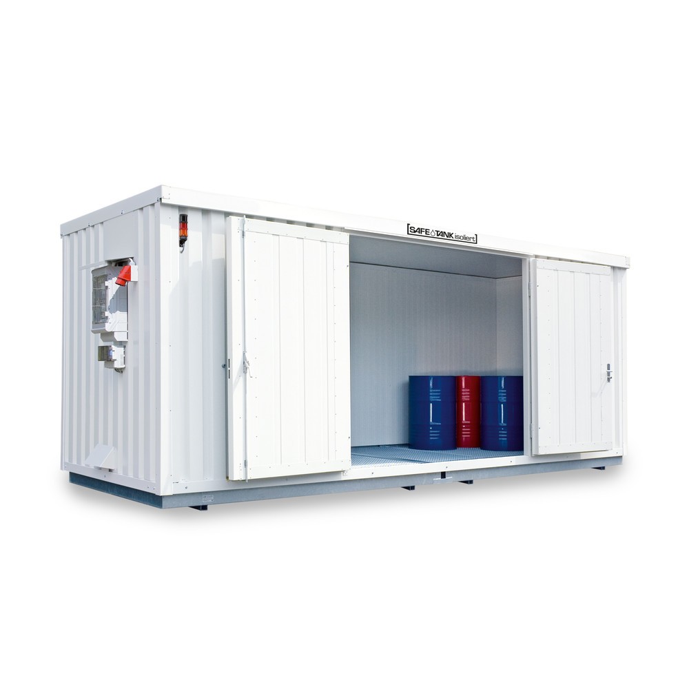 Produktabbildung: SAFE Tank Gefahrstoffcontainer 1700 CONTROL isoliert, automatisierte Explosionsschutzeinrichtung für höchste Energieeffizienz u. Sicherheit, Maße außen 5380x2170x2520 mm, Einzelflügeltür, mittig in 2 m Seite, Lagerfläche 9 m²