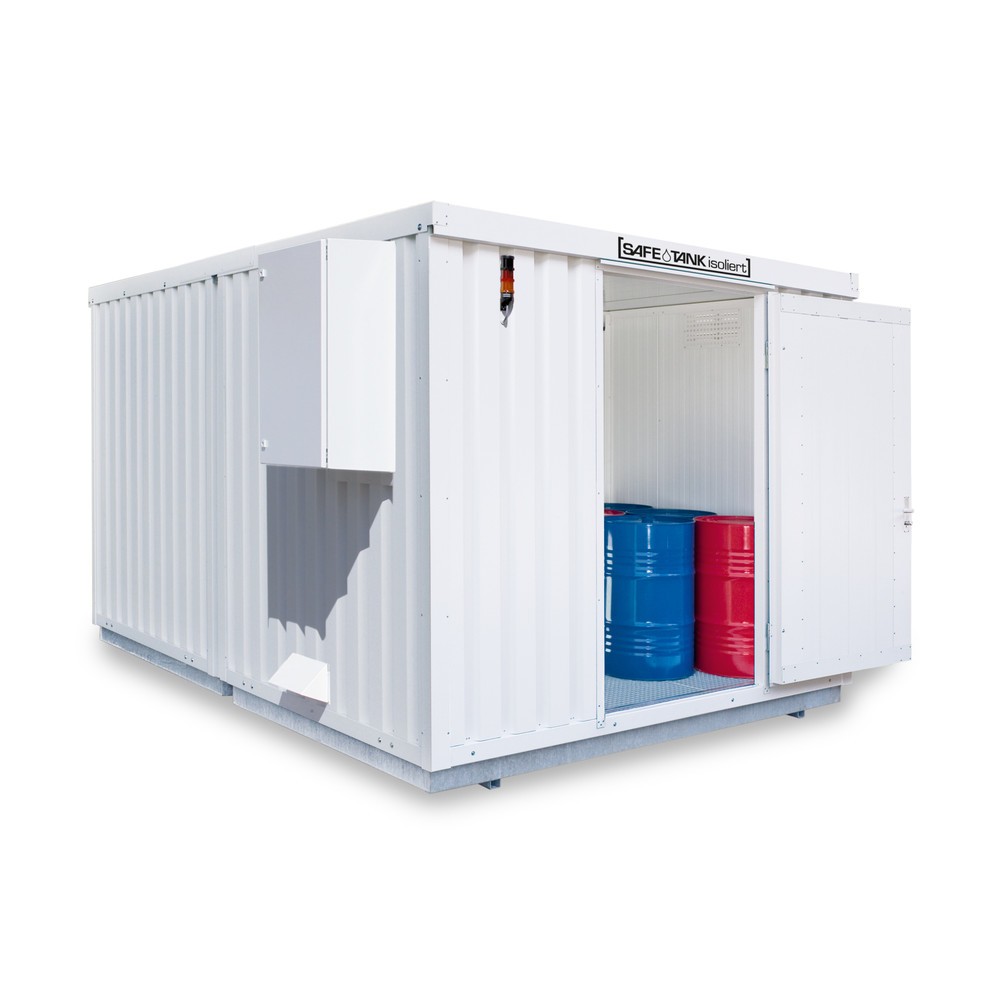 Produktabbildung: SAFE Tank Gefahrstoffcontainer 2000 CONTROL isoliert, automatisierte Explosionsschutzeinrichtung für höchste Energieeffizienz u. Sicherheit, Maße außen 3350x4340x2560 mm, Einzelflügeltür, mittig in 3 m Seite, Lagerfläche 12 m²