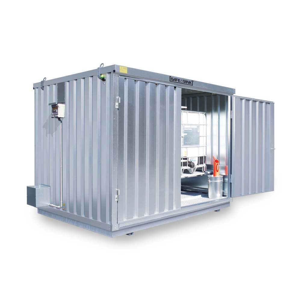 Produktabbildung: SAFE Tank Gefahrstoffcontainer 1000 KTC ECO, energieeffizient durch bedarfsgerechte Lüftersteuerung, Maße außen 3350x2170x2310 mm, Doppelflügeltür, mittig in Breitseite, Lagerfläche 6 m²