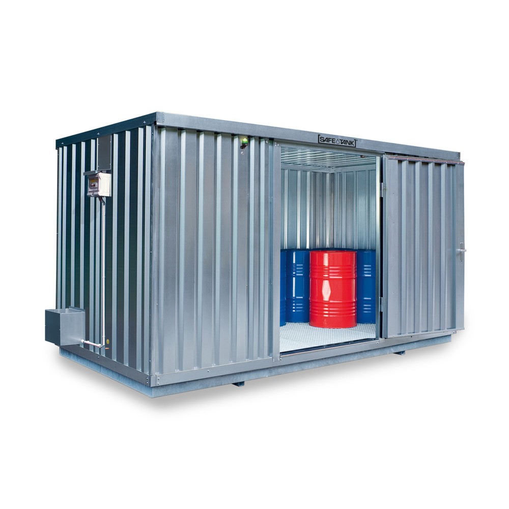 Produktabbildung: SAFE Tank Gefahrstoffcontainer 1350 ECO, energieeffizient durch bedarfsgerechte Lüftersteuerung, Maße außen 4350x2170x2300 mm, Einzelflügeltür, mittig in Breitseite, Lagerfläche 8 m²