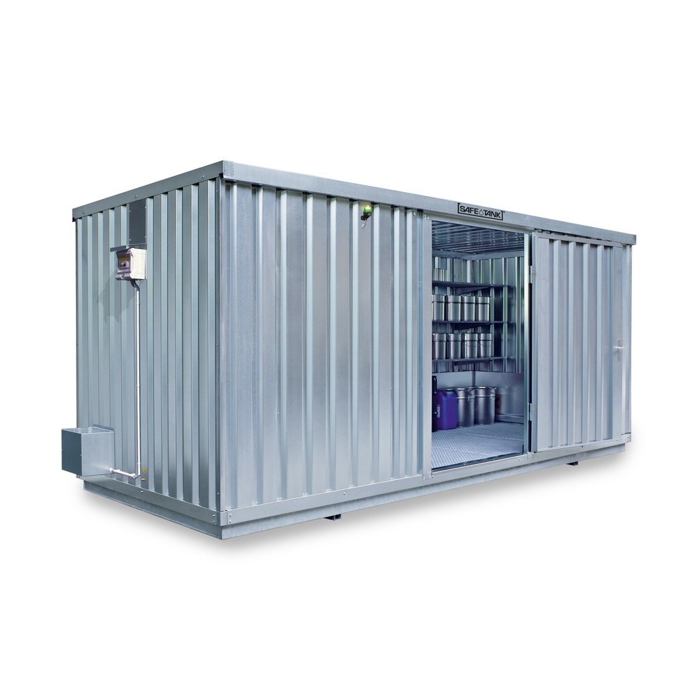 Produktabbildung: SAFE Tank Gefahrstoffcontainer 1900 ECO, energieeffizient durch bedarfsgerechte Lüftersteuerung, Maße außen 6380x2170x2310 mm, Einzelflügeltür, mittig in der kurzen Seite, Lagerfläche 12 m²