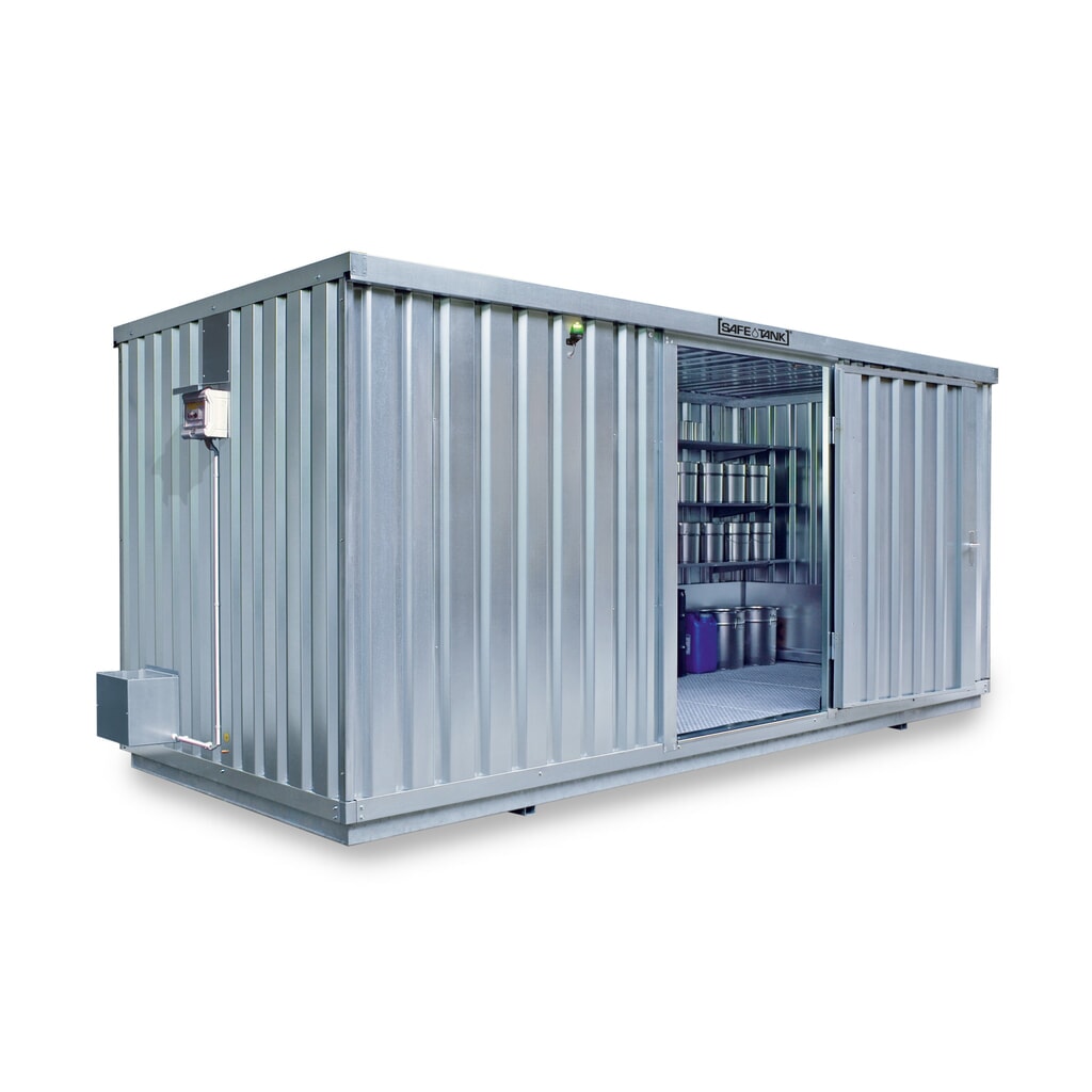 SAFE Tank Gefahrstoffcontainer 1700 ECO, energieeffizient durch bedarfsgerechte Lüftersteuerung, Maße außen 5380x2170x2300 mm, Einzelflügeltür, mittig in der breiten Seite, Lagerfläche 10 m² Produktabbildung: SAFE Tank Gefahrstoffcontainer 1700 ECO, energieeffizient durch bedarfsgerechte Lüftersteuerung, Maße außen 5380x2170x2300 mm, Einzelflügeltür, mittig in der breiten Seite, Lagerfläche 10 m²