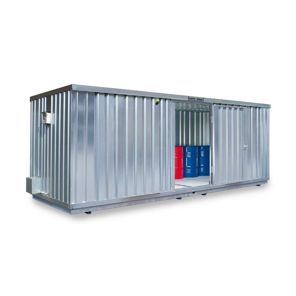 Produktabbildung: SAFE Tank Gefahrstoffcontainer 1000 ECO, energieeffizient durch bedarfsgerechte Lüftersteuerung, Maße außen 3350x2170x2310 mm, Doppelflügeltür, mittig in Breitseite, Lagerfläche 6 m²