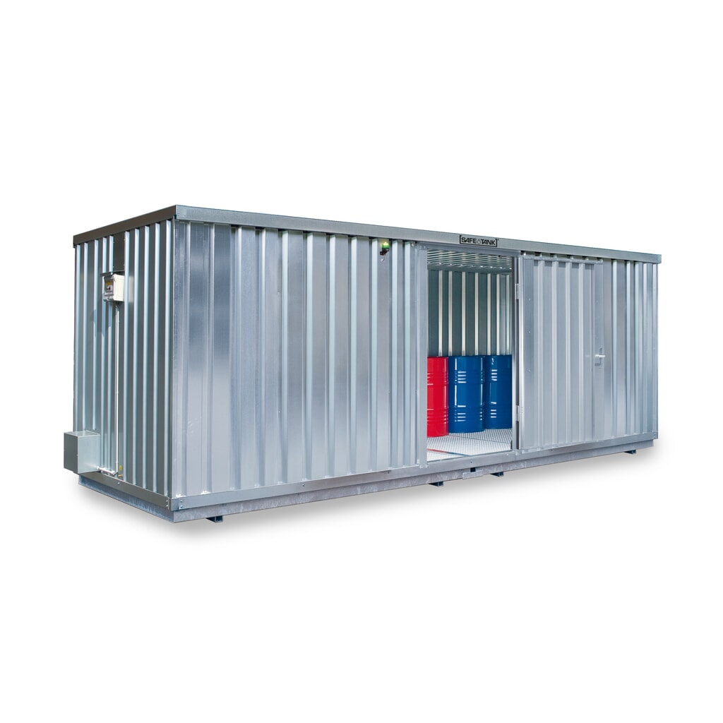Produktabbildung: SAFE Tank Gefahrstoffcontainer 1700 ECO, energieeffizient durch bedarfsgerechte Lüftersteuerung, Maße außen 5380x2170x2300 mm, Doppelflügeltür, mittig in der breiten Seite, Lagerfläche 10 m²