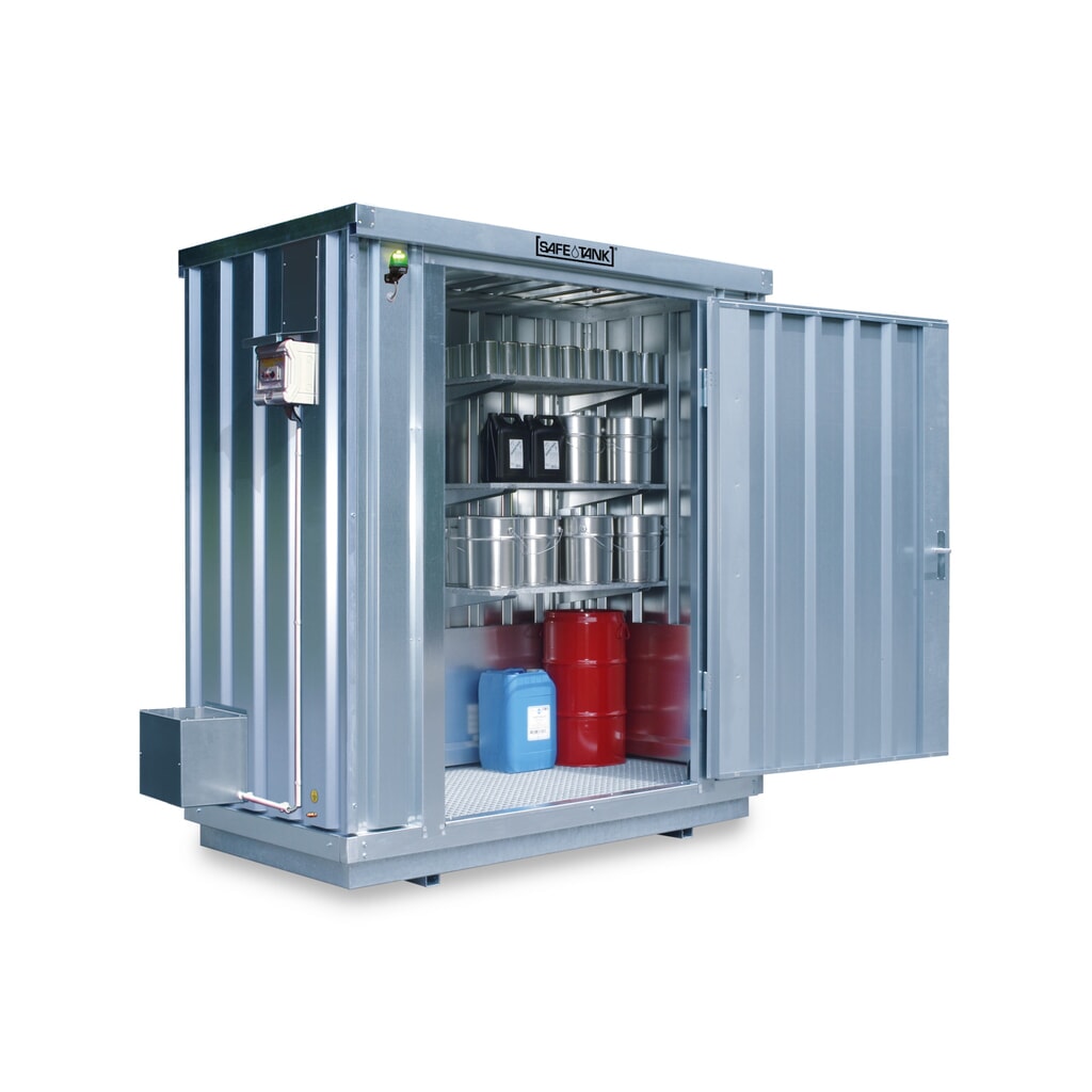 SAFE Tank Gefahrstoffcontainer 300 ECO, energieeffizient durch bedarfsgerechte Lüftersteuerung, Maße außen 2400x1440x2300 mm, Einzelflügeltür, mittig in Breitseite, Lagerfläche 2 m² Produktabbildung: SAFE Tank Gefahrstoffcontainer 300 ECO, energieeffizient durch bedarfsgerechte Lüftersteuerung, Maße außen 2400x1440x2300 mm, Einzelflügeltür, mittig in Breitseite, Lagerfläche 2 m²