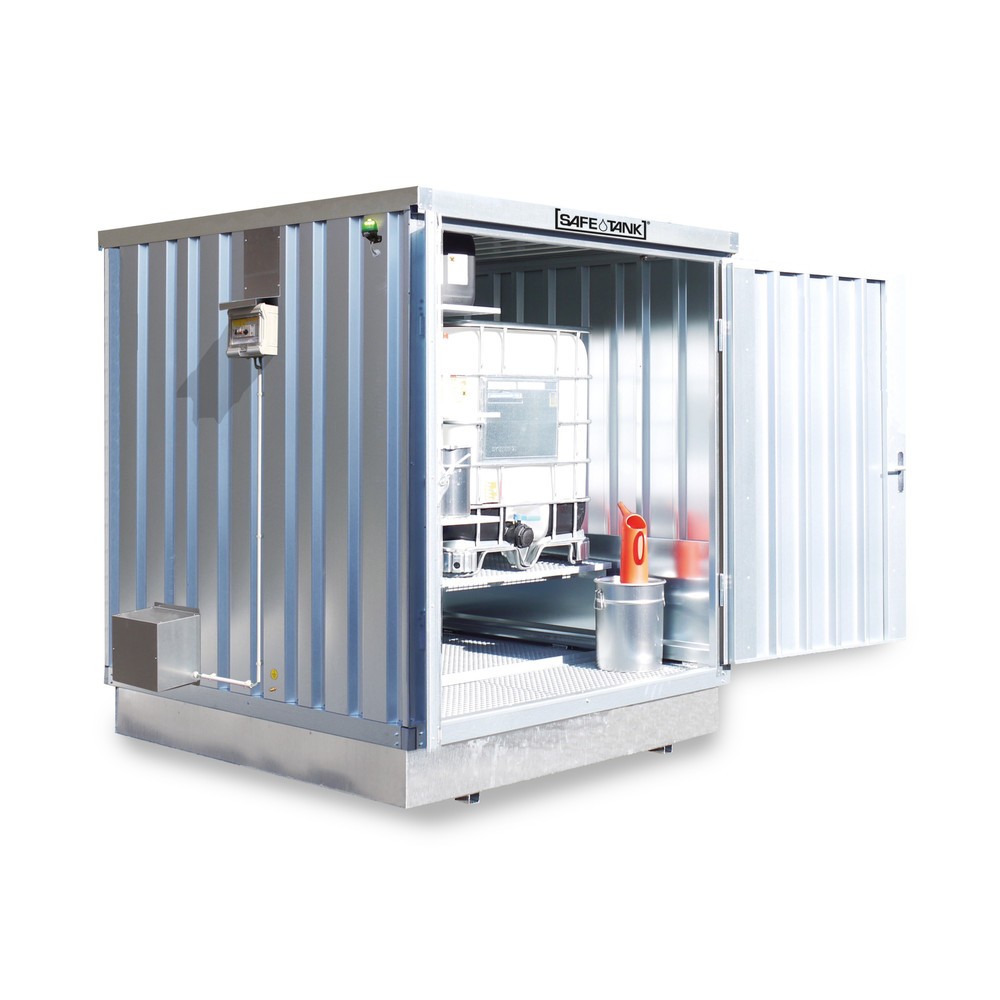 Produktabbildung: SAFE Tank Gefahrstoffcontainer 400 KTC ECO, energieeffizient durch bedarfsgerechte Lüftersteuerung, Maße außen 2400x2170x2400 mm, Doppelflügeltür (asymmetrisch geteilt), mittig in der schmalen Seite, Lagerfläche 4 m²