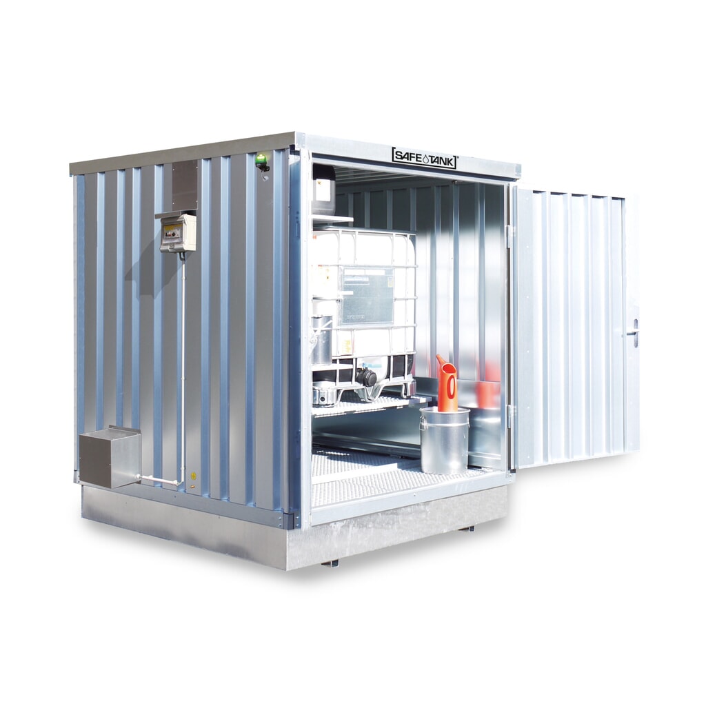 SAFE Tank Gefahrstoffcontainer 400 KTC ECO, energieeffizient durch bedarfsgerechte Lüftersteuerung, Maße außen 2400x2170x2400 mm, Doppelflügeltür (asymmetrisch geteilt), mittig in der schmalen Seite, Lagerfläche 4 m² Produktabbildung: SAFE Tank Gefahrstoffcontainer 400 KTC ECO, energieeffizient durch bedarfsgerechte Lüftersteuerung, Maße außen 2400x2170x2400 mm, Doppelflügeltür (asymmetrisch geteilt), mittig in der schmalen Seite, Lagerfläche 4 m²