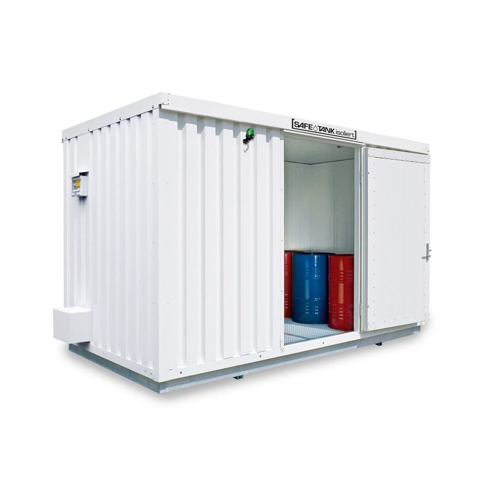 Produktabbildung: SAFE Tank Gefahrstoffcontainer 1700 ECO, isoliert, energieeffizient durch bedarfsgerechte Lüftersteuerung, Maße außen 5380x2170x2520 mm, Einzelflügeltür, mittig in 2 m Seite, Lagerfläche 9 m²