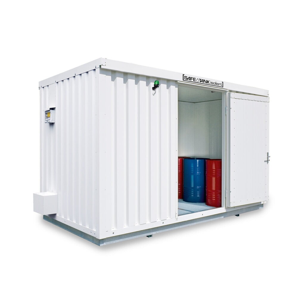 Produktabbildung: SAFE Tank Gefahrstoffcontainer 1700 ECO, isoliert, energieeffizient durch bedarfsgerechte Lüftersteuerung, Maße außen 5380x2170x2520 mm, Einzelflügeltür, mittig in 2 m Seite, Lagerfläche 9 m²