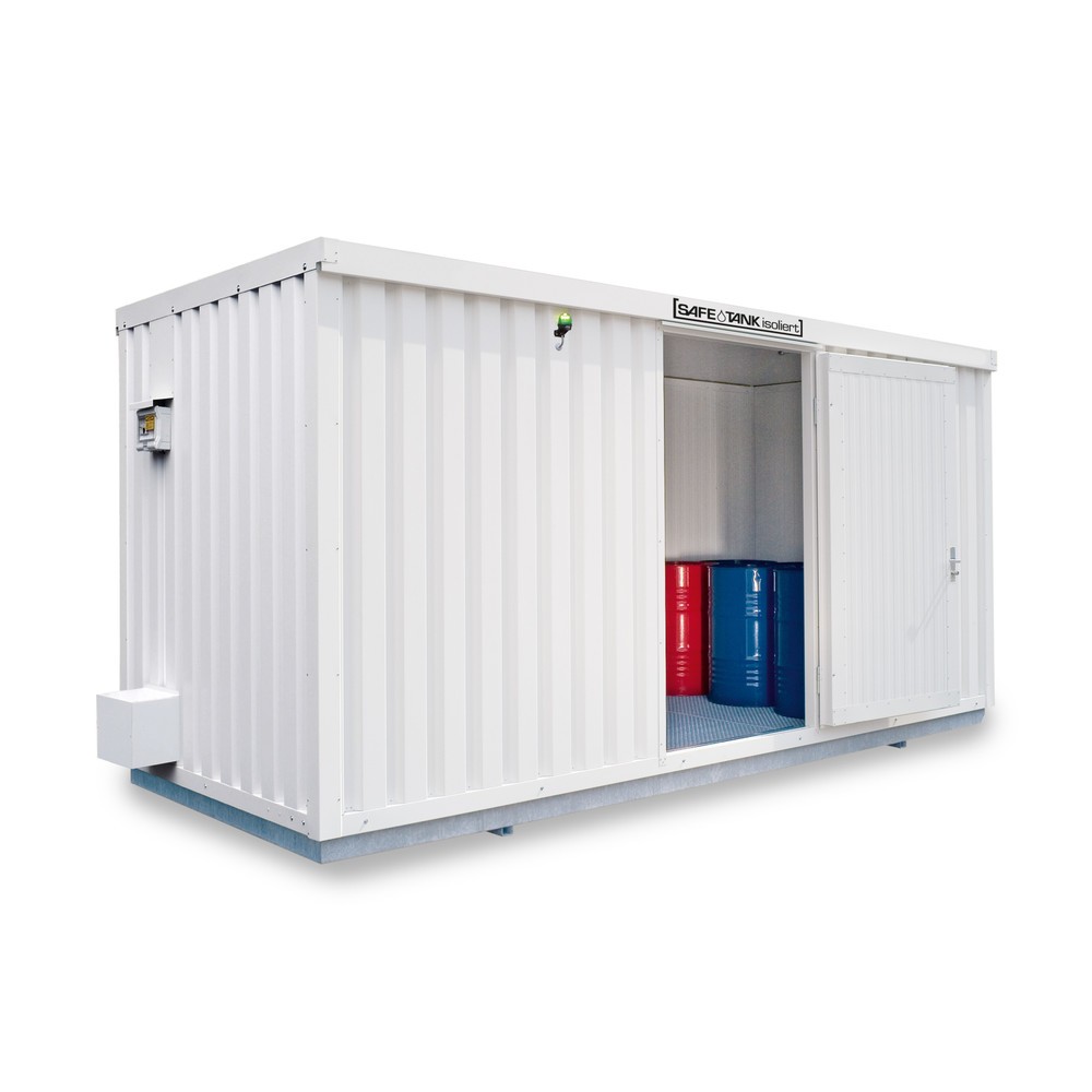 Produktabbildung: SAFE Tank Gefahrstoffcontainer 1700 ECO, isoliert, energieeffizient durch bedarfsgerechte Lüftersteuerung, Maße außen 5380x2170x2520 mm, Einzelflügeltür, mittig in Breitseite, Lagerfläche 9 m²