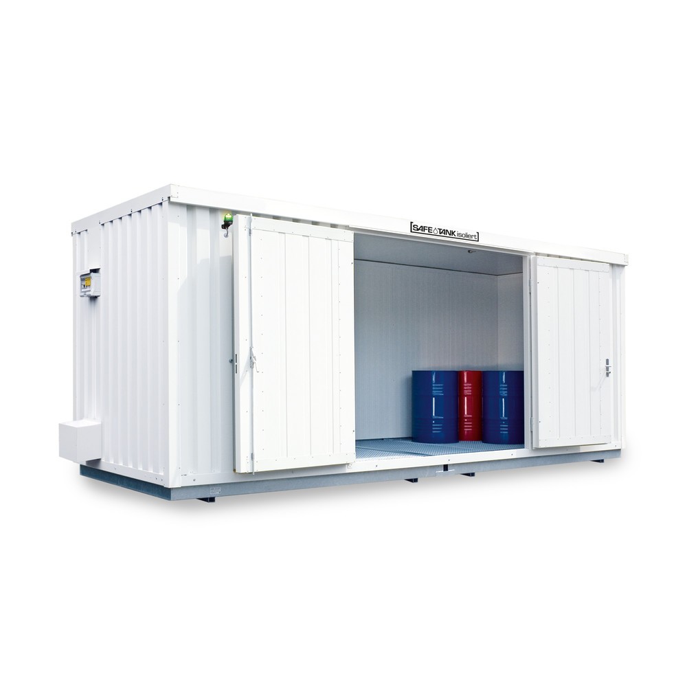 Produktabbildung Nr. 1: SAFE Tank Gefahrstoffcontainer 5000 ECO, isoliert, energieeffizient durch bedarfsgerechte Lüftersteuerung, Maße außen 5380x6520x2520 mm, Doppelflügeltür (asymmetrische Teilung), seitlich in 6 m  Seite, Lagerfläche 30 m²