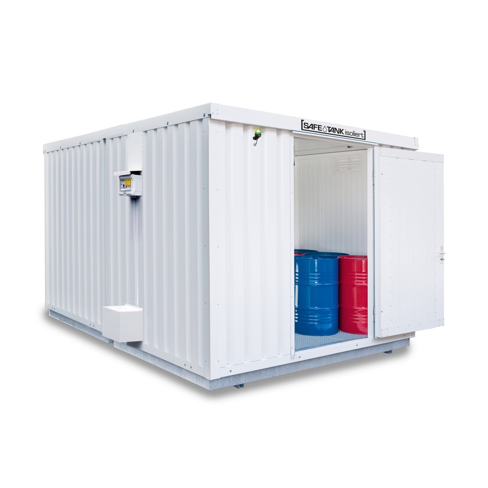 Produktabbildung: SAFE Tank Gefahrstoffcontainer 300 ECO, isoliert, energieeffizient durch bedarfsgerechte Lüftersteuerung, Maße außen 2100x1440x2520 mm, Einzelflügeltür, mittig in Breitseite, Lagerfläche 2 m²