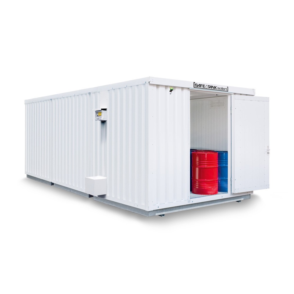 Produktabbildung: SAFE Tank Gefahrstoffcontainer 3000 ECO, isoliert, energieeffizient durch bedarfsgerechte Lüftersteuerung, Maße außen 3350x6520x2560 mm, Einzelflügeltür, seitlich in 6 m  Seite, Lagerfläche 19 m²