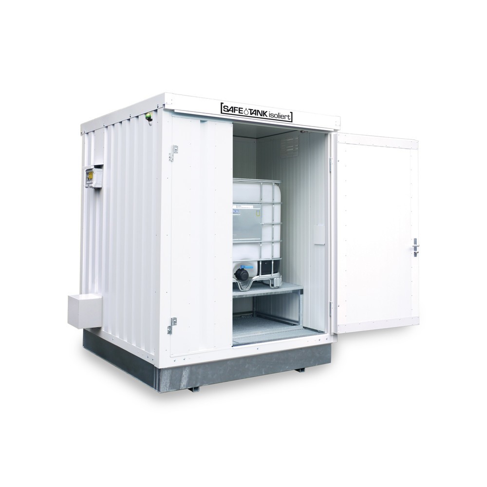 Produktabbildung: SAFE Tank Gefahrstoffcontainer 400 KTC ECO, isoliert, energieeffizient durch bedarfsgerechte Lüftersteuerung, Maße außen 2400x2170x2650 mm, Einzelflügeltür, mittig in Breitseite, Lagerfläche 4 m²