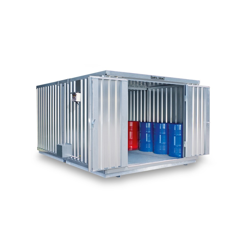Produktabbildung: SAFE Tank Gefahrstoffcontainer Kombination 2000 ALG, verzinkt, vormontiert, Maße außen 3350x4340x2300 mm, Doppelflügeltür (asymmetrische Teilung), mittig im Modul, Lagerfläche 12 m²