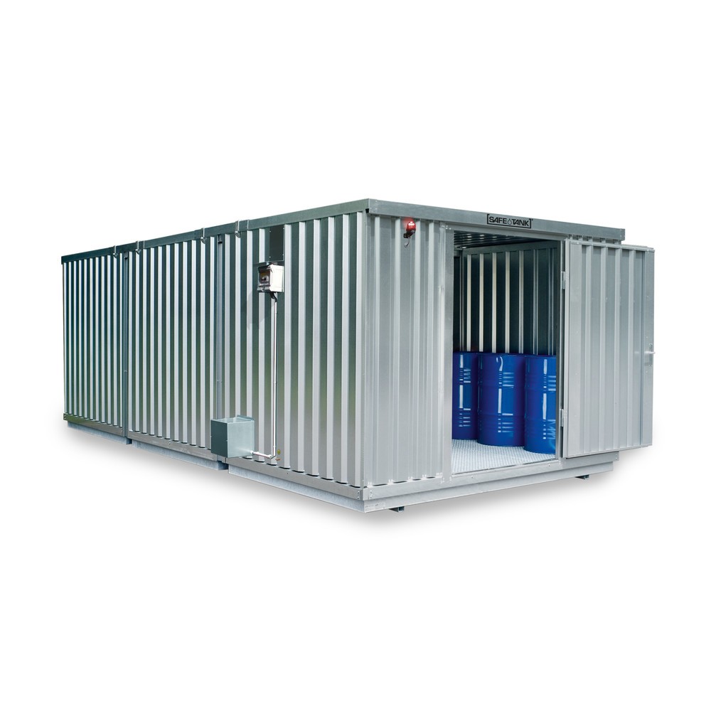 Produktabbildung: SAFE Tank Gefahrstoffcontainer Kombination 2000 ALG, verzinkt, vormontiert, Maße außen 3350x4340x2300 mm, Einzelflügeltür, mittig im Modul, Lagerfläche 12 m²