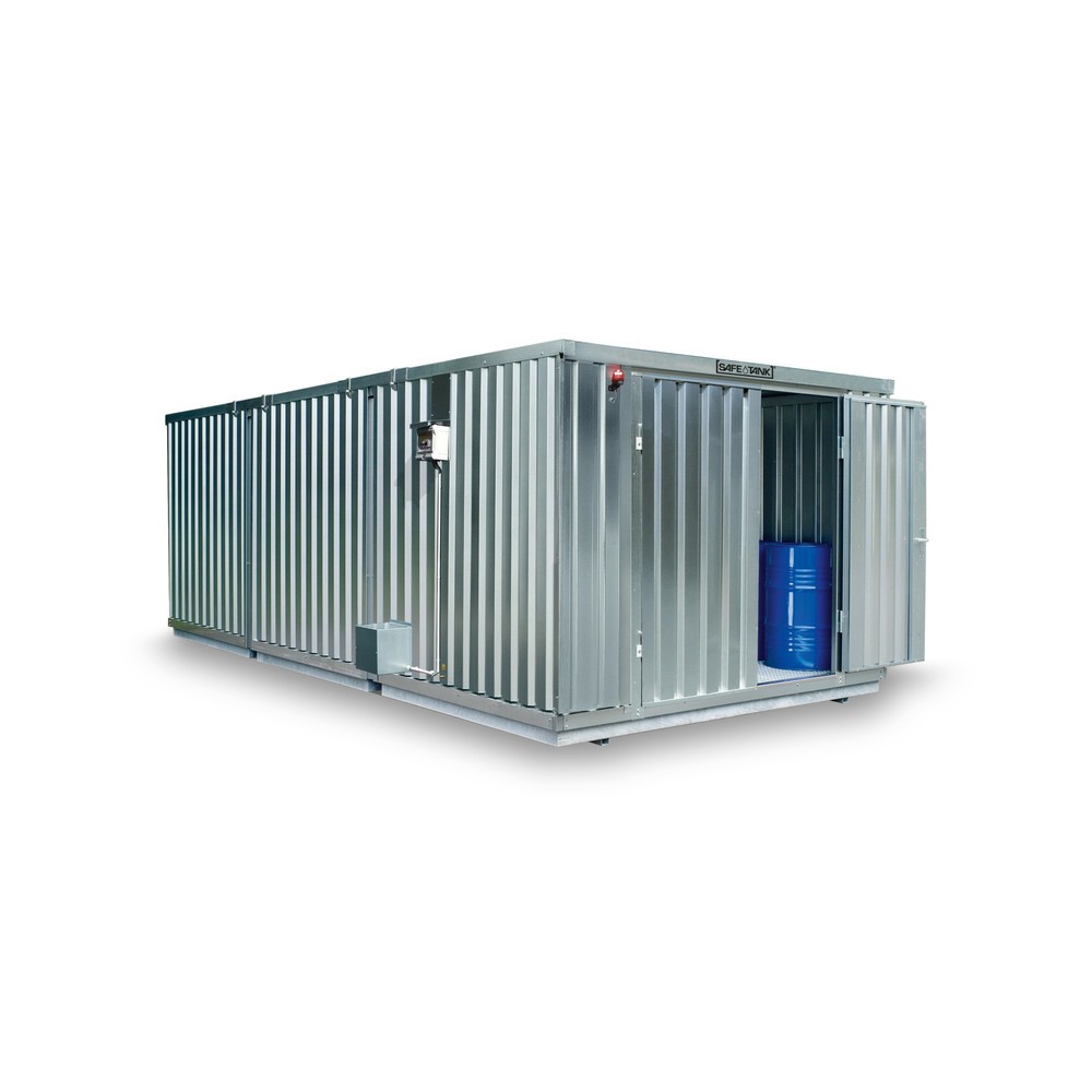 Produktabbildung: SAFE Tank Gefahrstoffcontainer Kombination 2500 ALG, verzinkt, vormontiert, Maße außen 4350x4340x2000 mm, Doppelflügeltür (asymmetrische Teilung), mittig in der kurzen Seite, Lagerfläche 16 m²