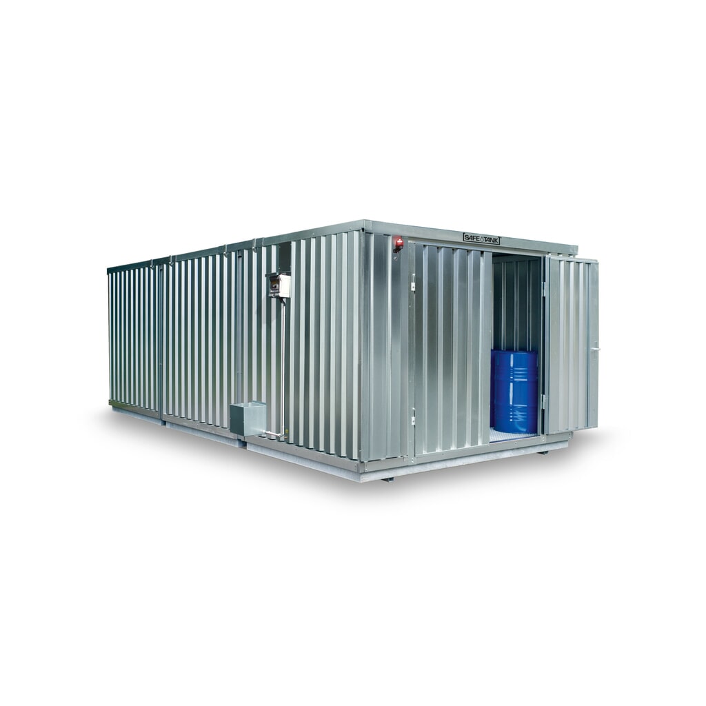 Produktabbildung: SAFE Tank Gefahrstoffcontainer Kombination 2500 ALG, verzinkt, vormontiert, Maße außen 4350x4340x2000 mm, Doppelflügeltür (asymmetrische Teilung), mittig in der kurzen Seite, Lagerfläche 16 m²