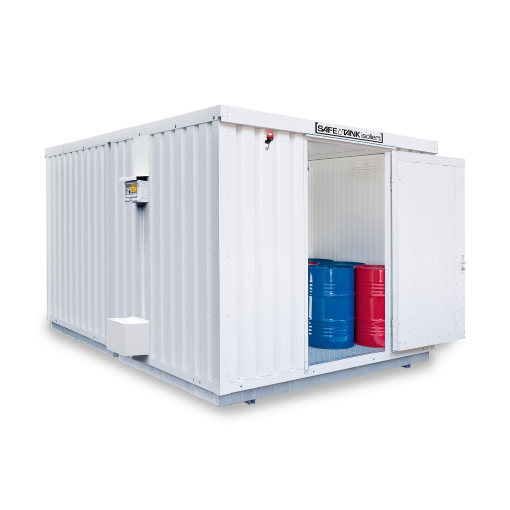 Produktabbildung: SAFE Tank Gefahrstoffcontainer Kombination 2000 ALG, isoliert, vormontiert, kunststoffbeschichtet RAL 9002, Maße außen 3350x4340x2560 mm, Einzelflügeltür, mittig in Stirnseite, Lagerfläche 11 m²