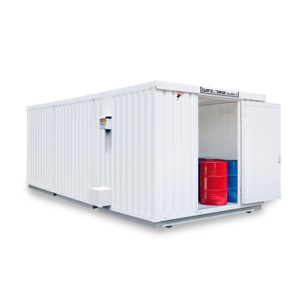 SAFE Tank Gefahrstoffcontainer Kombination, 3500 PLG/ALG, isoliert, vormontiert, kunststoffbeschichtet RAL 9002, Maße außen 4350x6520x2510 mm, Einzelflügeltür, mittig in Stirnseite, Lagerfläche 24 m² Produktabbildung: SAFE Tank Gefahrstoffcontainer Kombination, 3500 PLG/ALG, isoliert, vormontiert, kunststoffbeschichtet RAL 9002, Maße außen 4350x6520x2510 mm, Einzelflügeltür, mittig in Stirnseite, Lagerfläche 24 m²