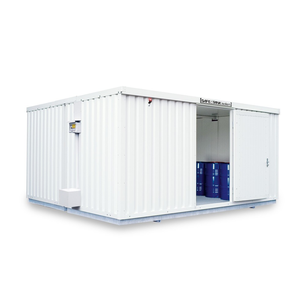 Produktabbildung: SAFE Tank Gefahrstoffcontainer Kombination 4000 ALG, isoliert, vormontiert, kunststoffbeschichtet RAL 9002, Maße außen 5380x4340x2520 mm, Einzelflügeltür, mittig in Breitseite, Lagerfläche 20 m²