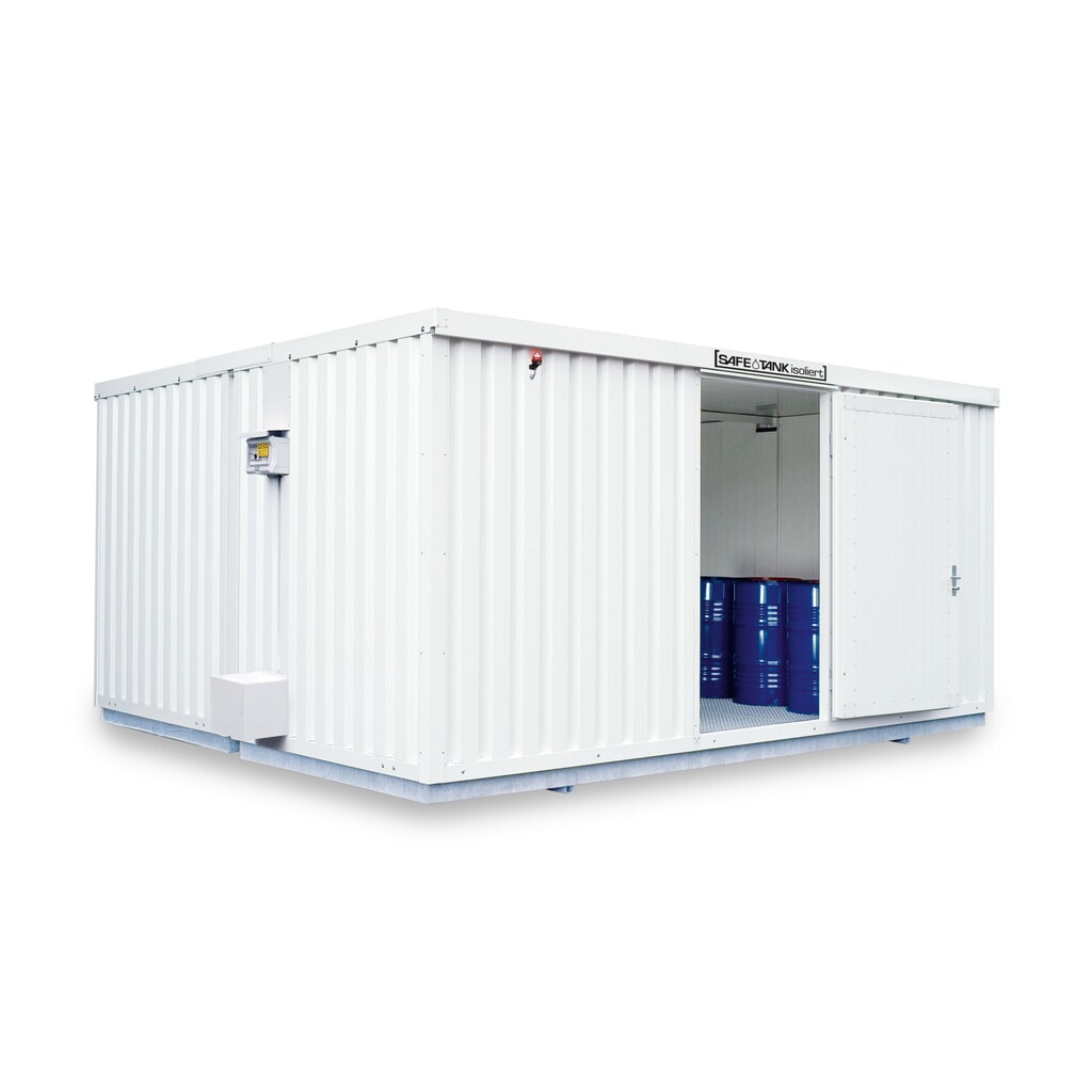 Produktabbildung: SAFE Tank Gefahrstoffcontainer Kombination 4000 ALG, isoliert, vormontiert, kunststoffbeschichtet RAL 9002, Maße außen 5380x4340x2520 mm, Einzelflügeltür, mittig im Modul, Lagerfläche 20 m²