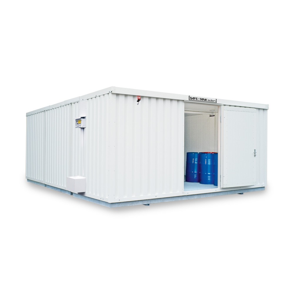 Produktabbildung Nr. 1: SAFE Tank Gefahrstoffcontainer Kombination 5000 ALG, isoliert, vormontiert, kunststoffbeschichtet RAL 9002, Maße außen 5380x6520x2520 mm, Einzelflügeltür, mittig im Modul, Lagerfläche 30 m²