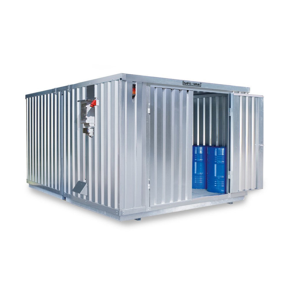 Produktabbildung: SAFE Tank Gefahrstoffcontainer 2000 CONTROL, automatisierte Explosionsschutzeinrichtung für höchste Energieeffizienz u. Sicherheit, Maße außen 3350x4340x2310 mm, Doppelflügeltür (asymmetrische Teilung), mittig in der kurzen Seite, Lagerfläche 12