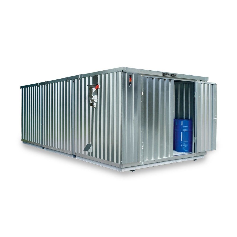 Produktabbildung: SAFE Tank Gefahrstoffcontainer 4000 CONTROL, automatisierte Explosionsschutzeinrichtung für höchste Energieeffizienz u. Sicherheit, Maße außen 5380x4340x2300 mm, Doppelflügeltür (asymmetrische Teilung), mittig in der langen Seite, Lagerfläche 21