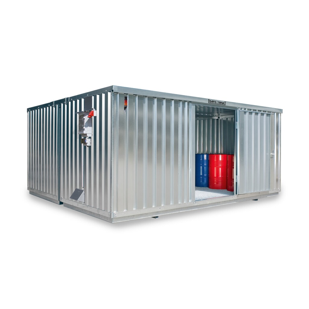 Produktabbildung: SAFE Tank Gefahrstoffcontainer 2000 CONTROL, automatisierte Explosionsschutzeinrichtung für höchste Energieeffizienz u. Sicherheit, Maße außen 3350x4340x2310 mm, Einzelflügeltür, mittig in der kurzen Seite, Lagerfläche 12 m²
