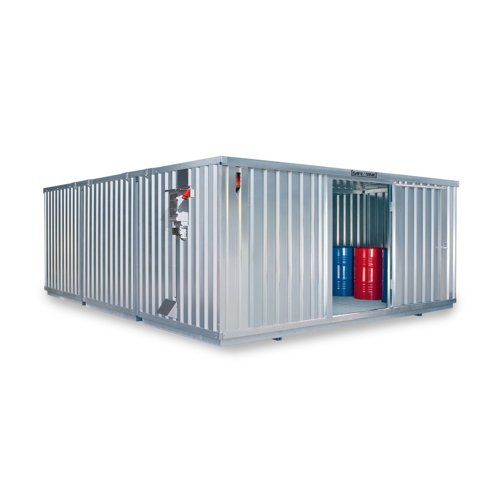 Produktabbildung: SAFE Tank Gefahrstoffcontainer 5000 CONTROL, automatisierte Explosionsschutzeinrichtung für höchste Energieeffizienz u. Sicherheit, Maße außen 5380x6520x2300 mm, Einzelflügeltür, mittig im Modul, Lagerfläche 32 m²