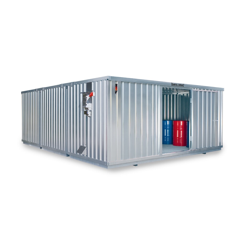 Produktabbildung: SAFE Tank Gefahrstoffcontainer 5000 CONTROL, automatisierte Explosionsschutzeinrichtung für höchste Energieeffizienz u. Sicherheit, Maße außen 5380x6520x2300 mm, Einzelflügeltür, mittig in der kurzen Seite, Lagerfläche 32 m²
