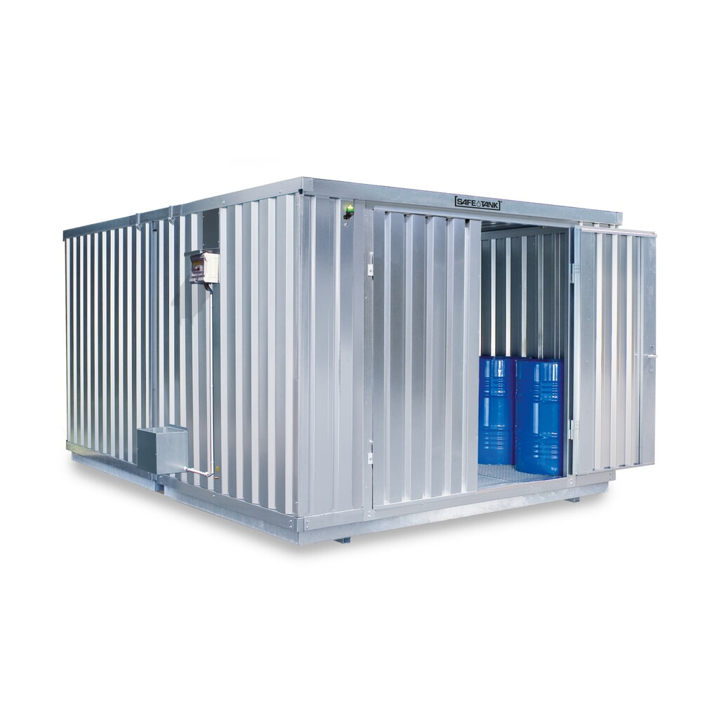 Produktabbildung: SAFE Tank Gefahrstoffcontainer Kombination 2000 ECO, energieeffizient durch bedarfsgerechte Lüftersteuerung, Maße außen 3350x4340x2310 mm, Doppelflügeltür, mittig in der kurzen Seitel, Lagerfläche 12 m²