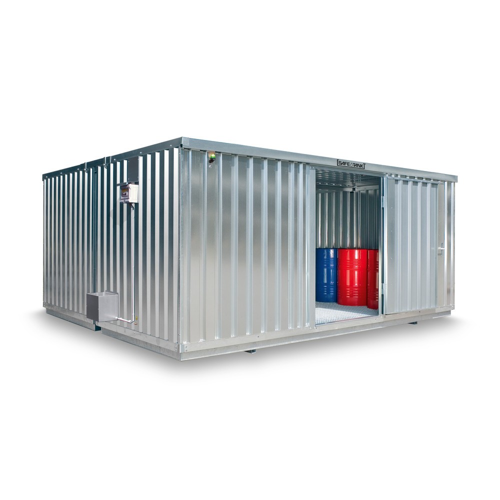 Produktabbildung: SAFE Tank Gefahrstoffcontainer Kombination 2000 ECO, energieeffizient durch bedarfsgerechte Lüftersteuerung, Maße außen 3350x4340x2310 mm, Einzelflügeltür, mittig in der kruzen Seite, Lagerfläche 12 m²